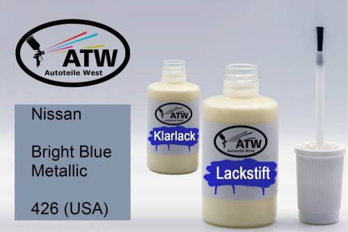 Nissan, Bright Blue Metallic, 426 (USA): 20ml Lackstift + 20ml Klarlack - Set, von ATW Autoteile West.